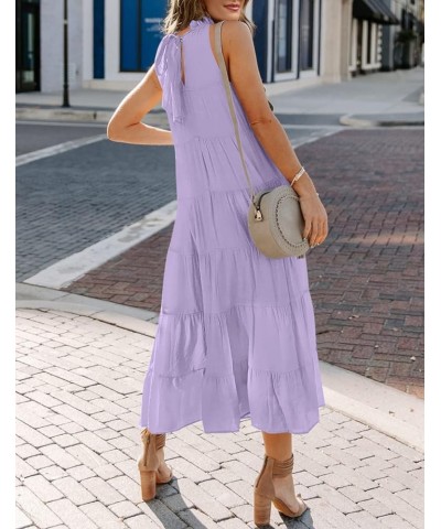 Womens 2024 Summer Sleeveless Halter Maxi Dress Pleated Tiered Swing Beach Long Dresses Sundress Lightpurple $29.57 Dresses