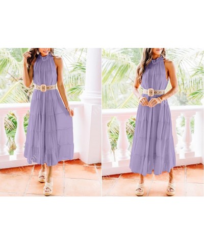 Womens 2024 Summer Sleeveless Halter Maxi Dress Pleated Tiered Swing Beach Long Dresses Sundress Lightpurple $29.57 Dresses