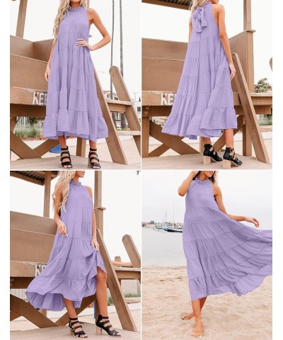 Womens 2024 Summer Sleeveless Halter Maxi Dress Pleated Tiered Swing Beach Long Dresses Sundress Lightpurple $29.57 Dresses