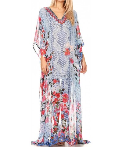 Wilder Printed Design Long Sheer Rhinestone Caftan Dress/Cover Up 17160-redblue $29.49 Swimsuits