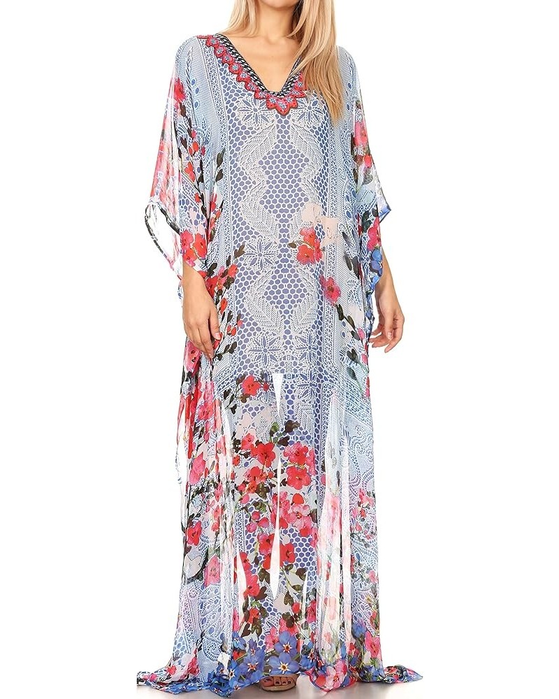 Wilder Printed Design Long Sheer Rhinestone Caftan Dress/Cover Up 17160-redblue $29.49 Swimsuits