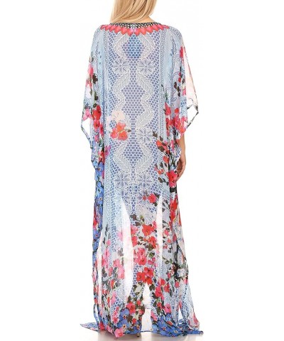 Wilder Printed Design Long Sheer Rhinestone Caftan Dress/Cover Up 17160-redblue $29.49 Swimsuits