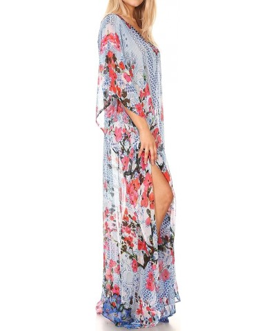 Wilder Printed Design Long Sheer Rhinestone Caftan Dress/Cover Up 17160-redblue $29.49 Swimsuits