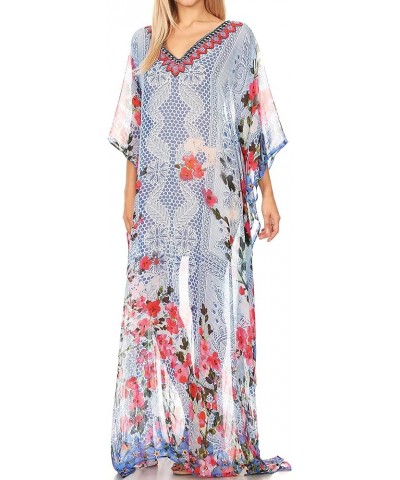 Wilder Printed Design Long Sheer Rhinestone Caftan Dress/Cover Up 17160-redblue $29.49 Swimsuits