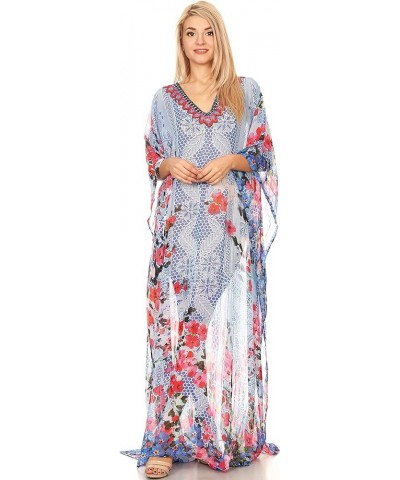 Wilder Printed Design Long Sheer Rhinestone Caftan Dress/Cover Up 17160-redblue $29.49 Swimsuits