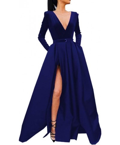 Women's High Split Evening Dress V Neck Prom Gown Long Sleeve Party Gown Navy Blue $30.55 Dresses