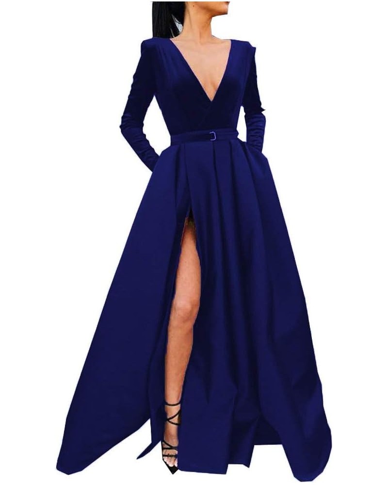 Women's High Split Evening Dress V Neck Prom Gown Long Sleeve Party Gown Navy Blue $30.55 Dresses