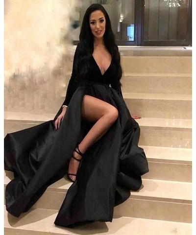 Women's High Split Evening Dress V Neck Prom Gown Long Sleeve Party Gown Navy Blue $30.55 Dresses