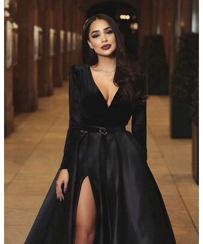 Women's High Split Evening Dress V Neck Prom Gown Long Sleeve Party Gown Navy Blue $30.55 Dresses