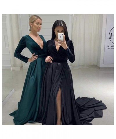 Women's High Split Evening Dress V Neck Prom Gown Long Sleeve Party Gown Navy Blue $30.55 Dresses