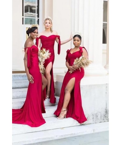 Off Shoulder Bridesmaid Dresses 2024 Satin Mermaid Prom Dress with Slit Ruched Long Formal Gowns Ivory $40.32 Dresses