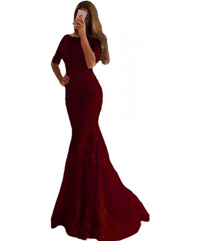 Women Mermaid Long Lace Half Sleeves Formal Prom Dresses Evening Gowns Burgundy $52.50 Dresses