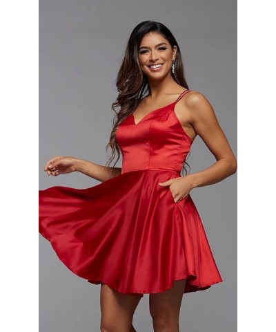 Women's V Neck Short Homecoming Dresses for Teens Spaghetti Strap Satin Prom Formal Dress with Pockets Red $39.74 Dresses