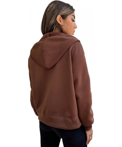 Women's Letter Print Zip Up Long Sleeve Drawstring Hoodie Sweatshirt Chocolate Brown $8.99 Others