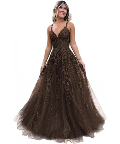 Women's Lace Applique V-Neck Prom Drsses Long Spaghetti Straps Sparkly Tulle Evening Party Gowns AU003 Brown $35.25 Dresses