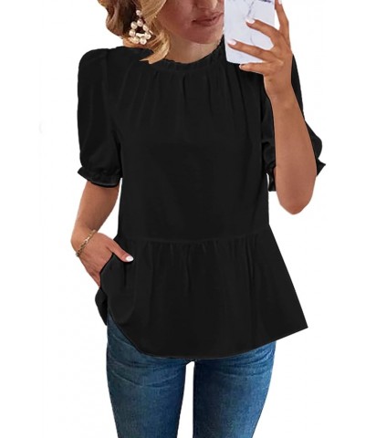 2023 Blouses for Women Dressy Casual Peplum Tops Puff Sleeve Ruffle Mock Neck Dress Shirt Flowy Summer Black $18.14 Blouses