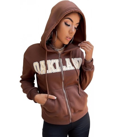 Women's Letter Print Zip Up Long Sleeve Drawstring Hoodie Sweatshirt Chocolate Brown $8.99 Others