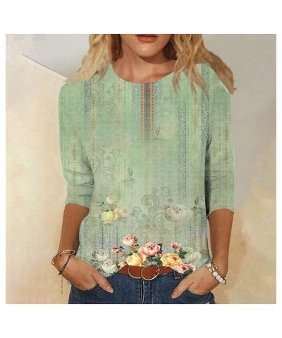 Womens 3/4 Sleeve Tops Crew Neck Floral Blouse 3/4 Length Sleeve Shirts Dressy Casual T-Shirt Painting Graphic Tees 01 Khaki ...