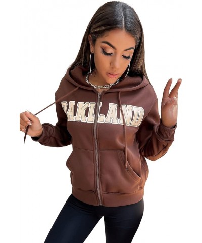 Women's Letter Print Zip Up Long Sleeve Drawstring Hoodie Sweatshirt Chocolate Brown $8.99 Others