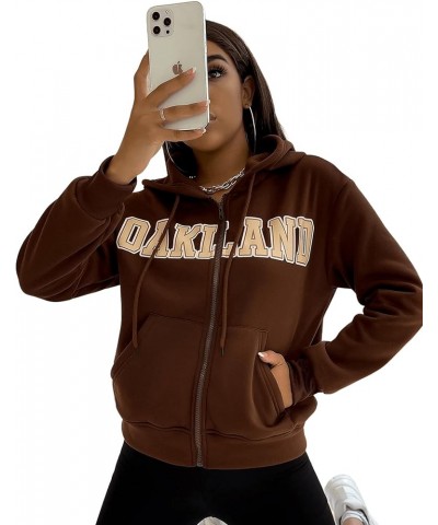 Women's Letter Print Zip Up Long Sleeve Drawstring Hoodie Sweatshirt Chocolate Brown $8.99 Others