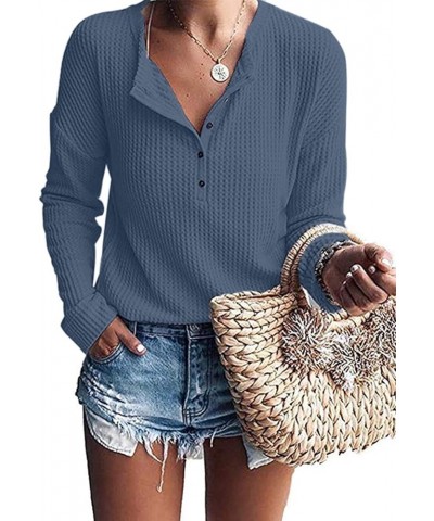 Women's Waffle Knit Tunic Tops Loose Long Sleeve Button Up V Neck Henley Shirts Regular Fit Beja Blue $10.66 Tops