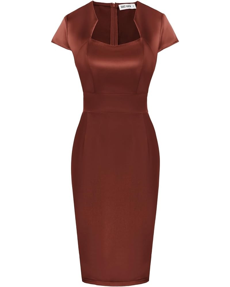 Vintage Floral Cocktail Dress Cap Sleeve Retro Vintage Pencil Dress Brown Satin $23.78 Dresses