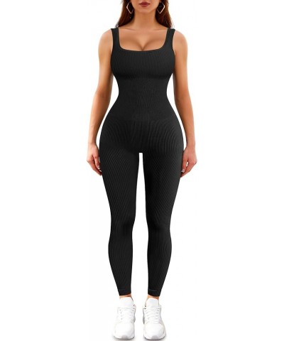 Womens One Piece Workout Jumpsuits Square Neck Tank Tops Rompers Ribbed Sleeveless Exercise Unitard Yoga Bodycon Black $17.50...