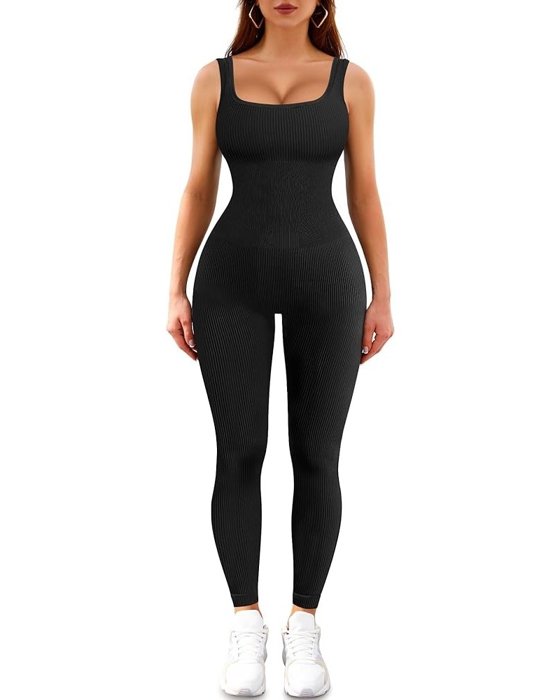 Womens One Piece Workout Jumpsuits Square Neck Tank Tops Rompers Ribbed Sleeveless Exercise Unitard Yoga Bodycon Black $17.50...