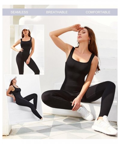 Womens One Piece Workout Jumpsuits Square Neck Tank Tops Rompers Ribbed Sleeveless Exercise Unitard Yoga Bodycon Black $17.50...