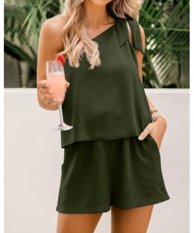 Women's Summer Jumpsuits 2024 Casual One Shoulder Tie Strap Solid Color Loose Sexy Shorts Rompers Pockets Solid Army Green $2...