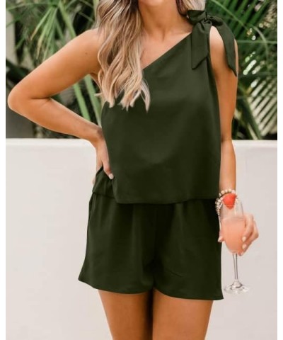 Women's Summer Jumpsuits 2024 Casual One Shoulder Tie Strap Solid Color Loose Sexy Shorts Rompers Pockets Solid Army Green $2...