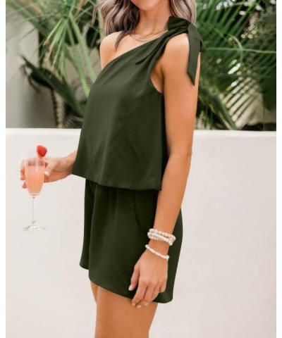 Women's Summer Jumpsuits 2024 Casual One Shoulder Tie Strap Solid Color Loose Sexy Shorts Rompers Pockets Solid Army Green $2...