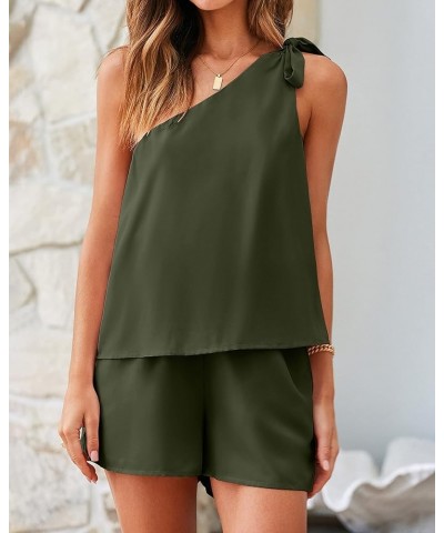 Women's Summer Jumpsuits 2024 Casual One Shoulder Tie Strap Solid Color Loose Sexy Shorts Rompers Pockets Solid Army Green $2...