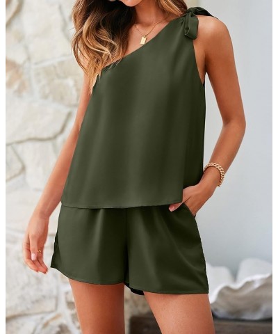 Women's Summer Jumpsuits 2024 Casual One Shoulder Tie Strap Solid Color Loose Sexy Shorts Rompers Pockets Solid Army Green $2...