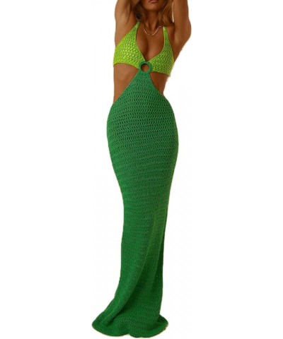 Spaghetti Strap Hollow Out Maxi Bodycon Dress Beach Sexy Patchwork Halter Neck Y2K Party Dresses Cutout-green $11.19 Dresses