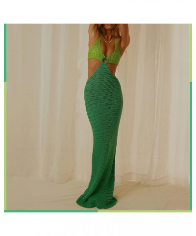 Spaghetti Strap Hollow Out Maxi Bodycon Dress Beach Sexy Patchwork Halter Neck Y2K Party Dresses Cutout-green $11.19 Dresses