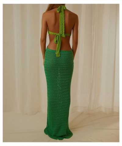 Spaghetti Strap Hollow Out Maxi Bodycon Dress Beach Sexy Patchwork Halter Neck Y2K Party Dresses Cutout-green $11.19 Dresses