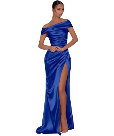 Mermaid Satin Bridesmaid Dresses Long Prom Dresses for Women with Slit Off Shoulder Long Evening Formal Gown Royal Blue $24.2...