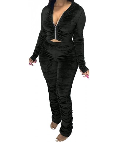 Women's Long Sleeve Tracksuit Set 2 Piece Velvet Ruffled Zip-up Crop Top Sweatshirt and Jogger Pants Outfits Black $15.12 Act...