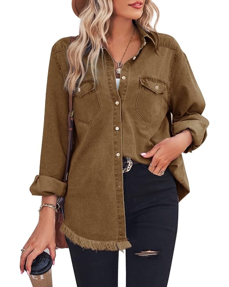 Women Denim Shirt Chambray Collared Jean Shirts Long Sleeve Pocket Button Down Blouses Brown $21.99 Blouses