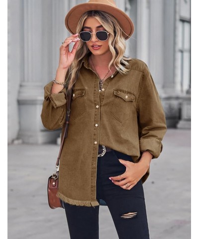 Women Denim Shirt Chambray Collared Jean Shirts Long Sleeve Pocket Button Down Blouses Brown $21.99 Blouses