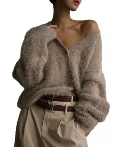 Mink Velvet Knitted Sweater Cardigan Women Autumn Winter Lazy Loose Long Sleeve V-Neck Sweater Coat Khaki $22.16 Sweaters