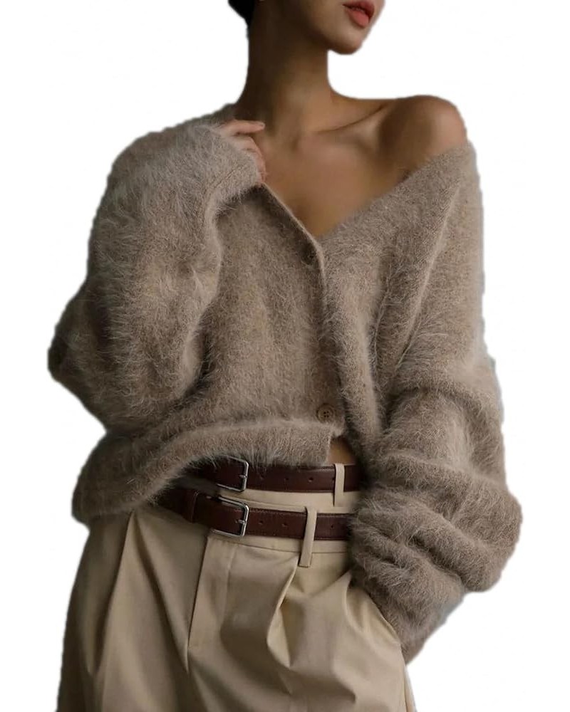 Mink Velvet Knitted Sweater Cardigan Women Autumn Winter Lazy Loose Long Sleeve V-Neck Sweater Coat Khaki $22.16 Sweaters