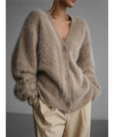 Mink Velvet Knitted Sweater Cardigan Women Autumn Winter Lazy Loose Long Sleeve V-Neck Sweater Coat Khaki $22.16 Sweaters