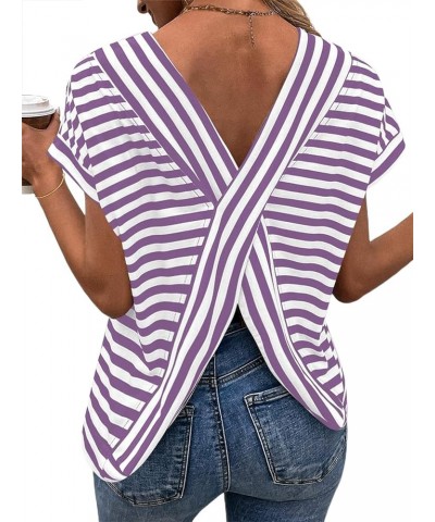 Women's Striped Shirt Back Criss Cross Tops Short Batwing Sleeve Casual Tee Purple White Striped $13.50 T-Shirts