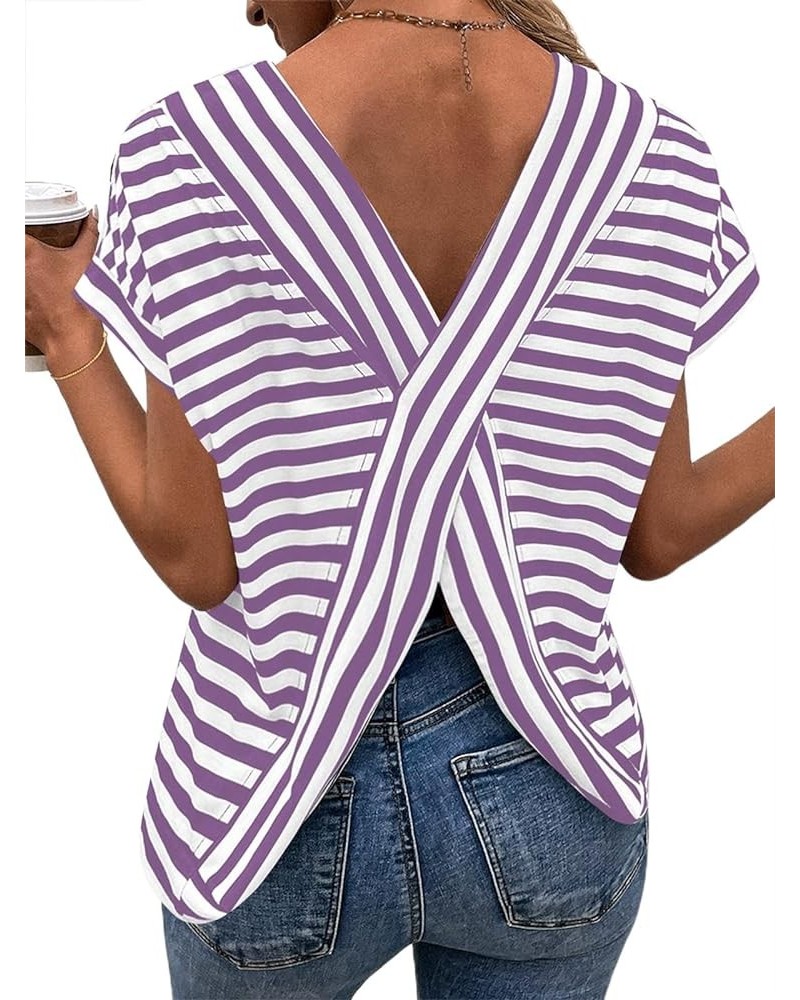 Women's Striped Shirt Back Criss Cross Tops Short Batwing Sleeve Casual Tee Purple White Striped $13.50 T-Shirts