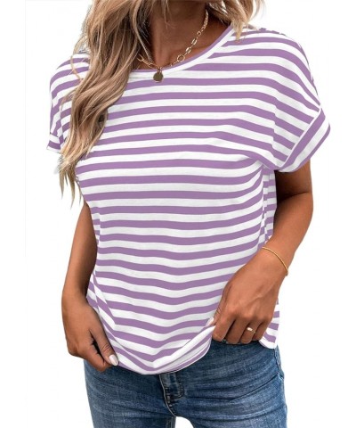 Women's Striped Shirt Back Criss Cross Tops Short Batwing Sleeve Casual Tee Purple White Striped $13.50 T-Shirts