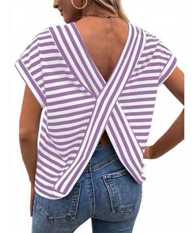 Women's Striped Shirt Back Criss Cross Tops Short Batwing Sleeve Casual Tee Purple White Striped $13.50 T-Shirts