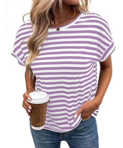 Women's Striped Shirt Back Criss Cross Tops Short Batwing Sleeve Casual Tee Purple White Striped $13.50 T-Shirts