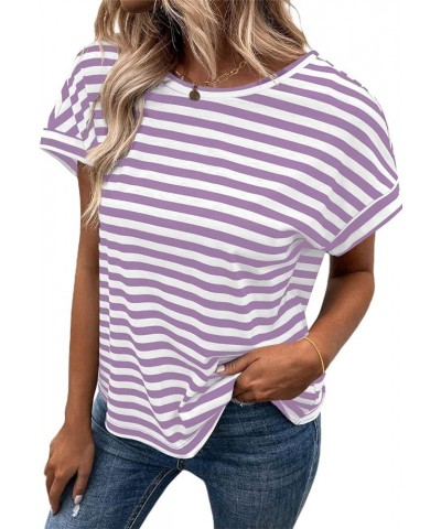 Women's Striped Shirt Back Criss Cross Tops Short Batwing Sleeve Casual Tee Purple White Striped $13.50 T-Shirts